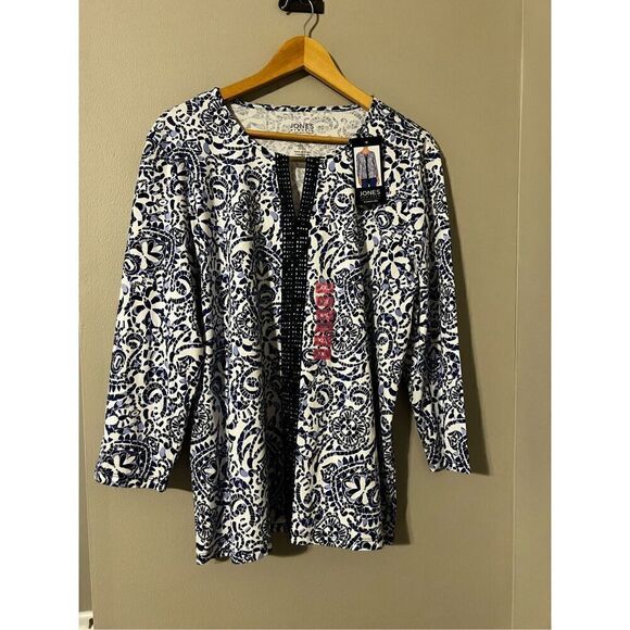 Jones New York Women’s Size XXL Long Sleeve Blouse Blue Crochet Detail NWT - Picture 4 of 9